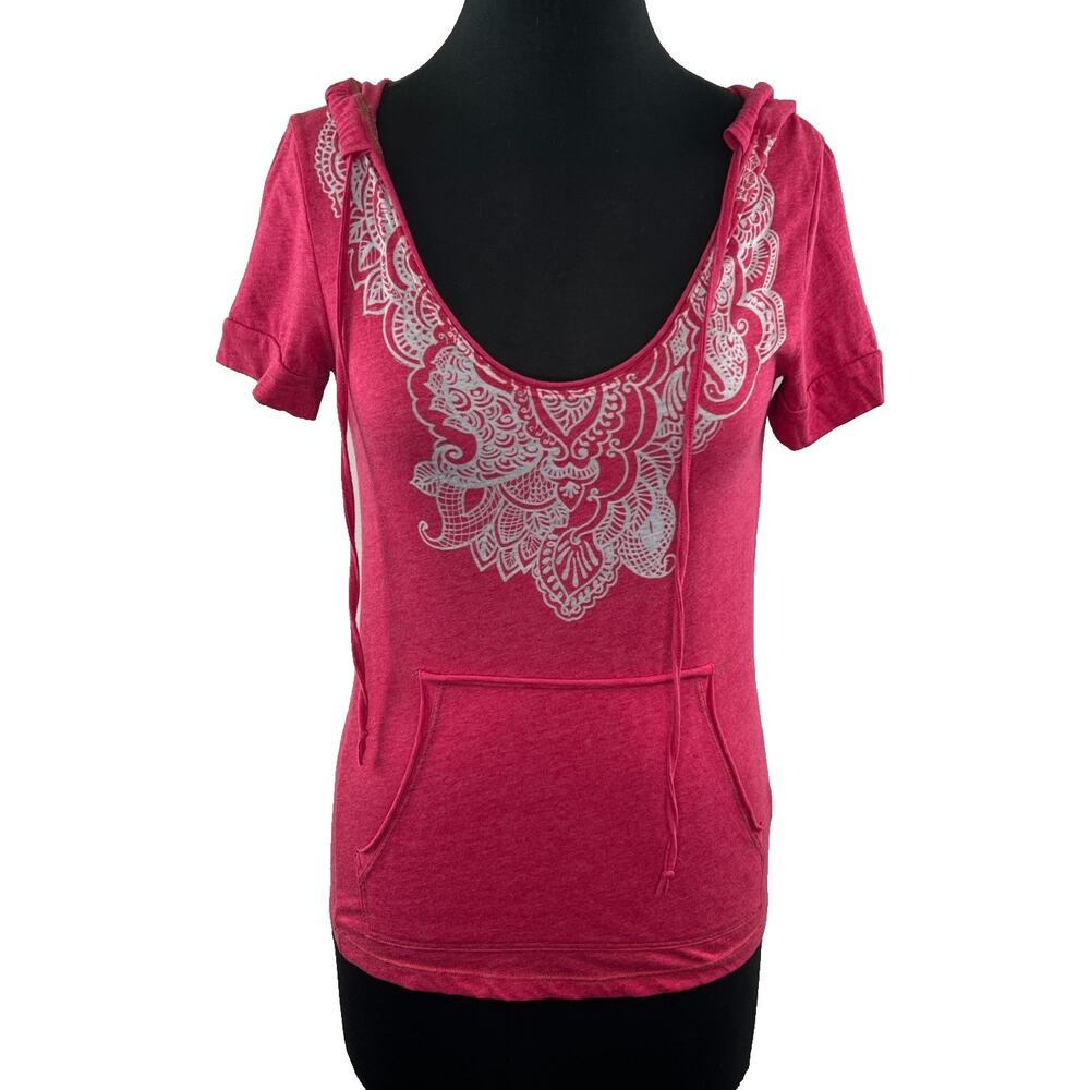 FREE PEOPLE Bright Pink Hooded Pocket Burned Out Printed Floral Top Size Small S